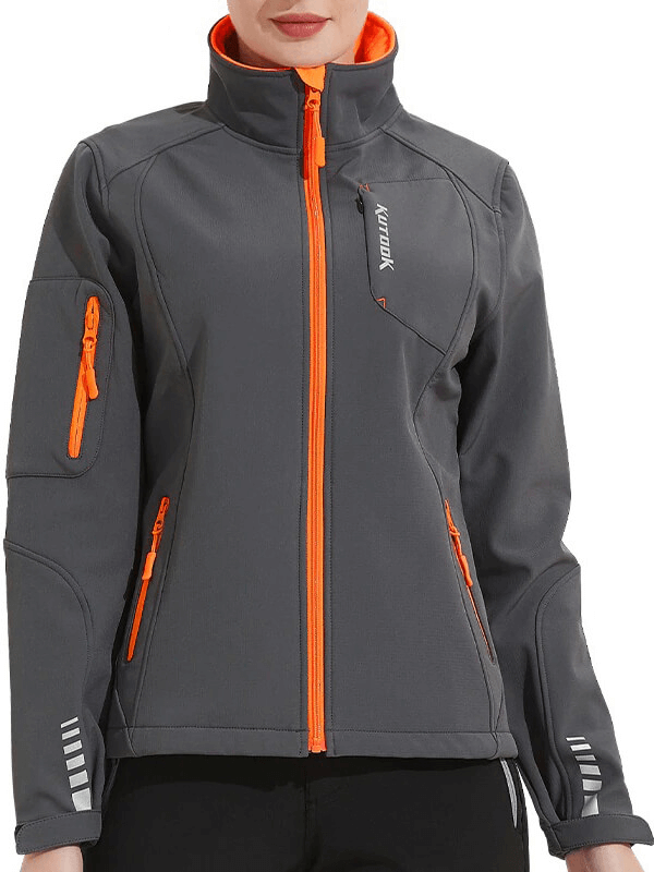 Women's Warm Windbreaker with Zipper in grey and orange, featuring thermal, hydrophobic, and reflective properties for outdoor activities.